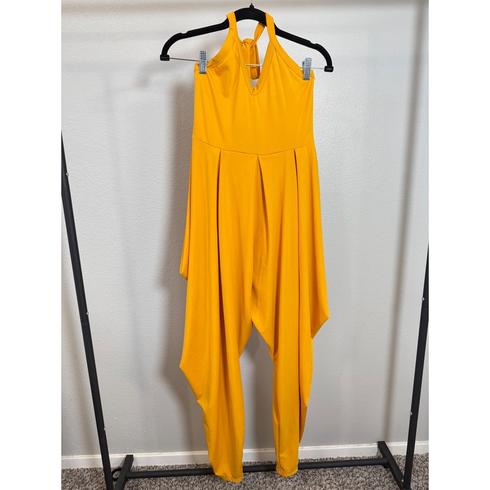 Mustard‎ Yellow Halter Harem Jumpsuit Draped Pleated V-Neck Boho Festival Small